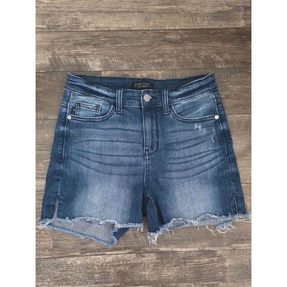 Judy Blue Dark Blue Denim Shorts with Frayed Hem